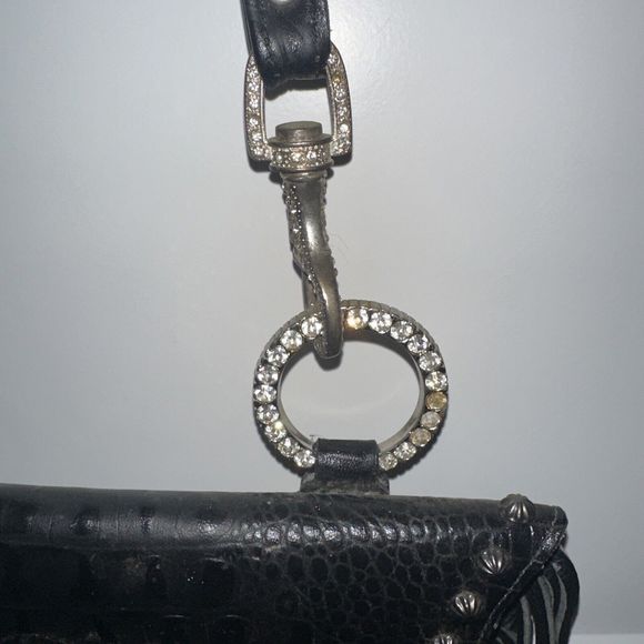 Raviani Fringe Satchel Bag In Black Alligator Embossd Leather Crystal Flower NWT - Picture 5 of 14